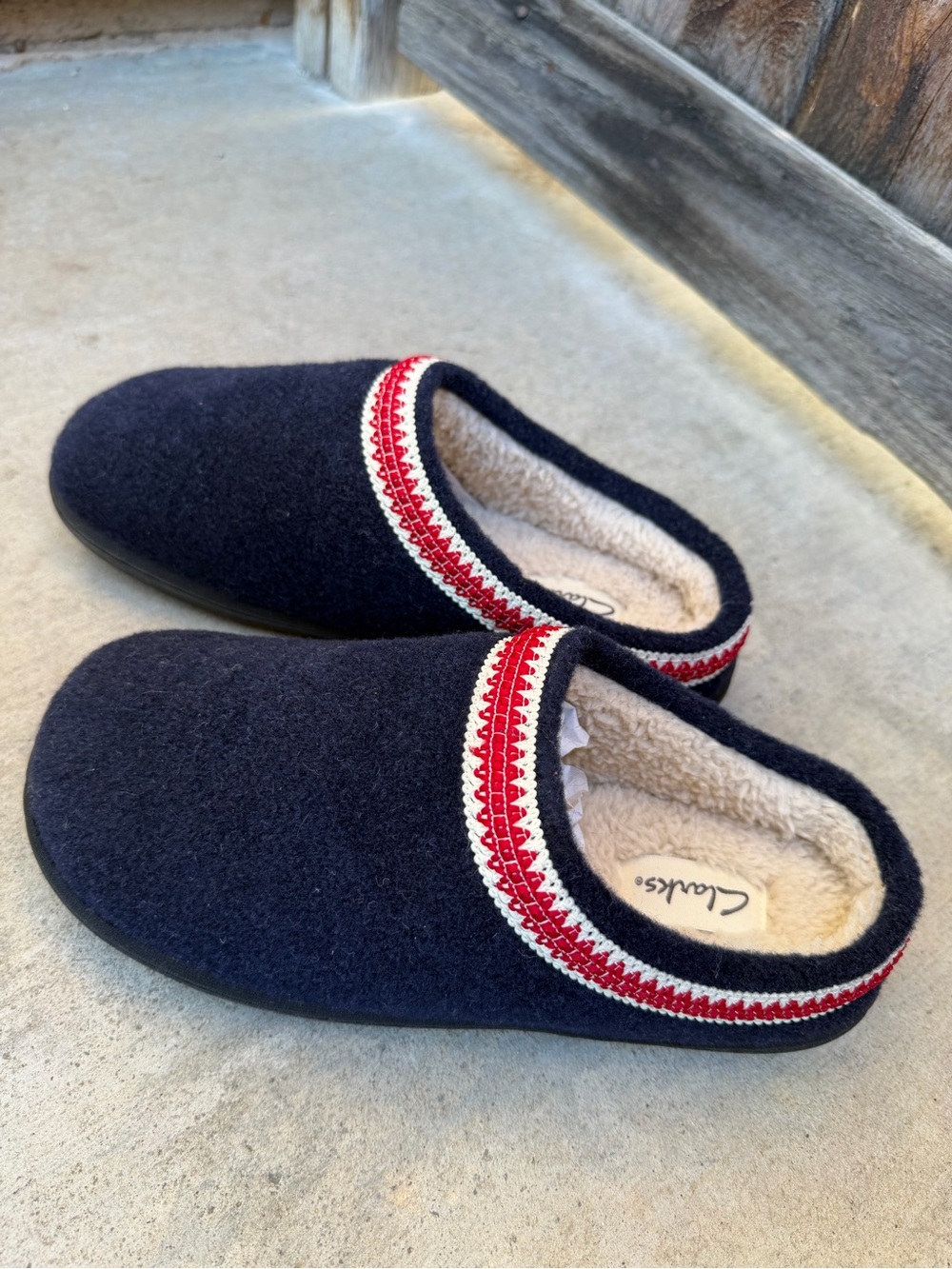 Clarks Navy Slip-On Wool Slippers with Red & Cream Trim
